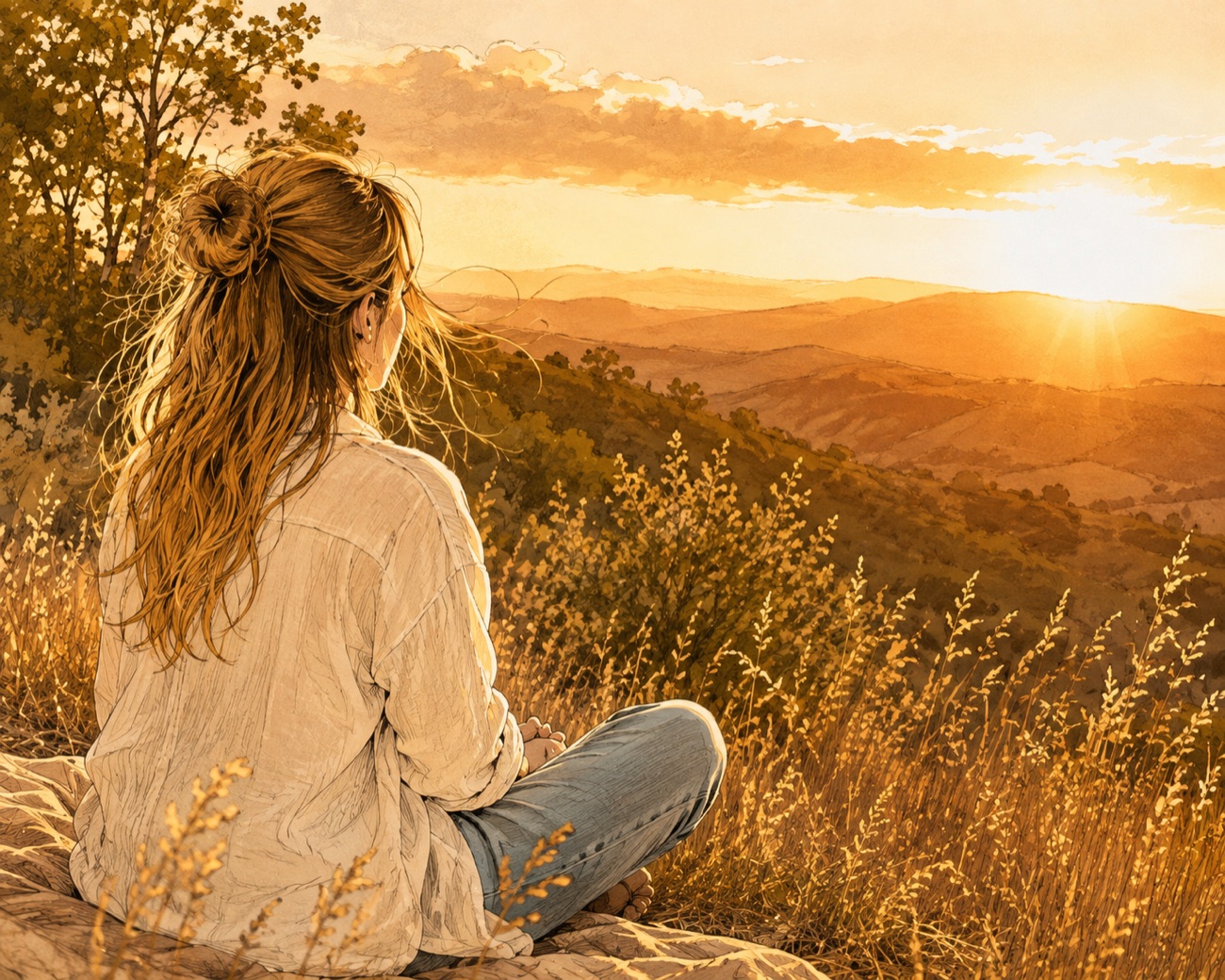 Femme assise dans les herbes hautes au coucher de soleil, moment de reconnexion à soi.